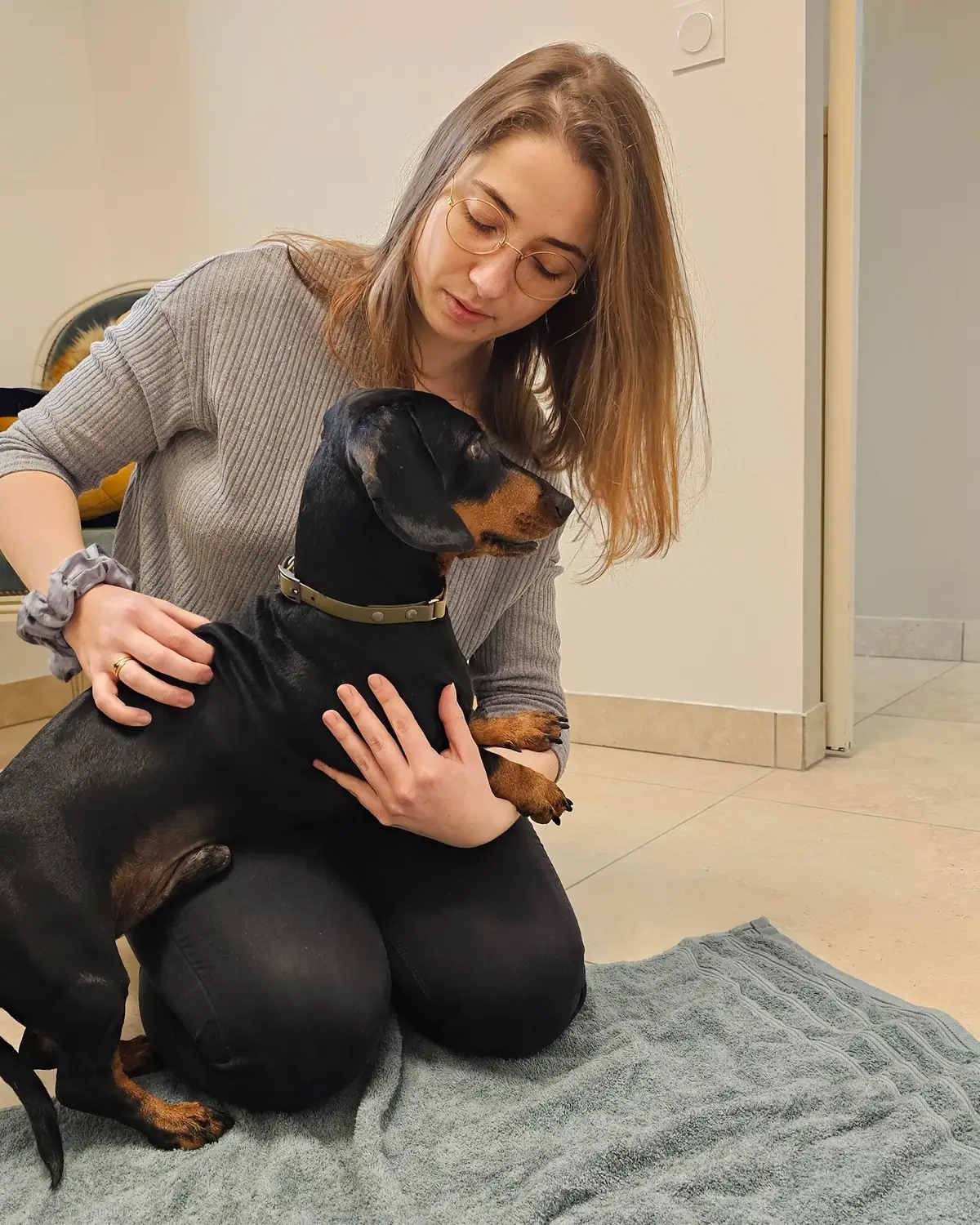 Camille Thiery, ostéopathe animalier, à genoux sur une serviette, examine un teckel assis contre elle